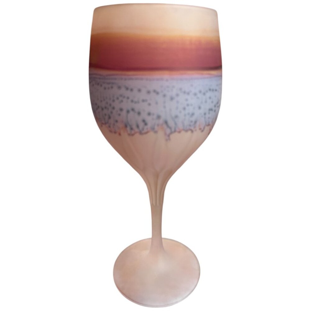 💕 SOLD 💕 Vtg 1980s Rueven Frosted Art Glass Goblet Pink Blue Textured Stem